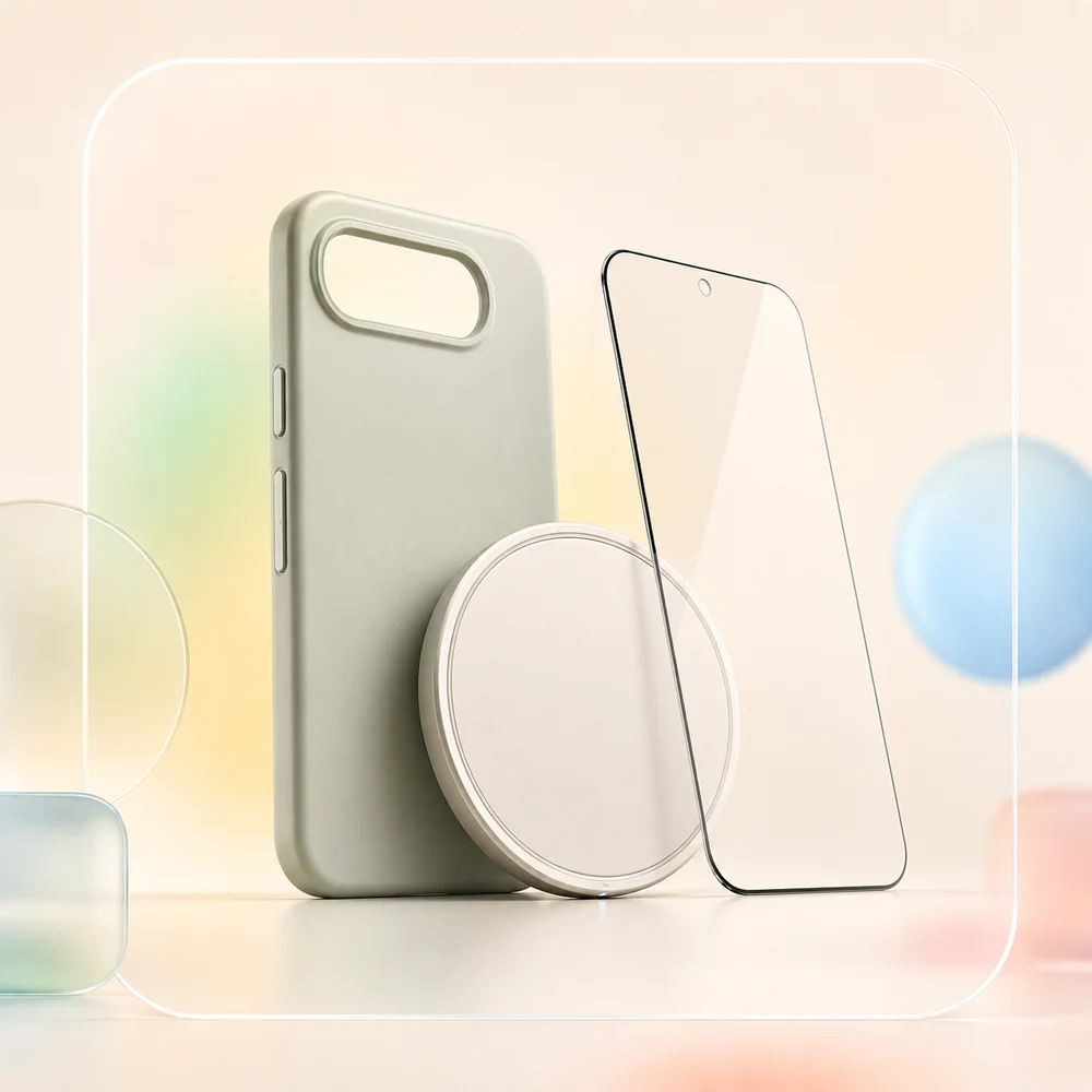 Pixel charger, case, and screen protector accessories arranged together