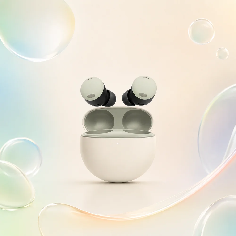 Google Pixel Buds with open charging case