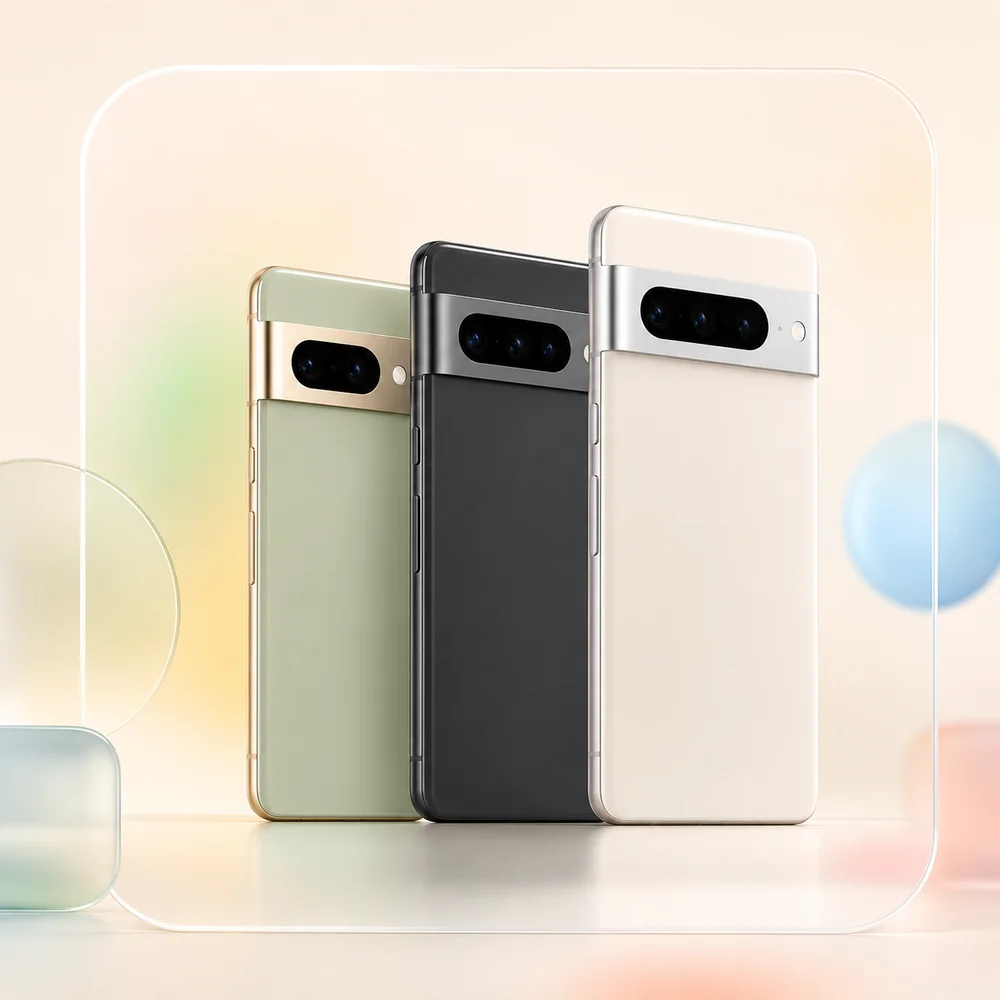 Google Pixel phones in green, black, and cream lined up together
